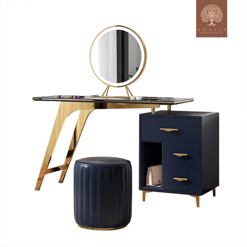 LAURIA-ENSEMBLE DE COIFFEUSE RÉTRACTABLE DE MAQUILLAGE BLEU NORDIQUE, TABOURET ET MIROIR INCLUS- Homely