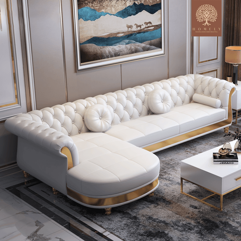 VIRGILIO-ENSEMBLE DE SALON DE LUXE AVEC CHAISE LONGUE DROITE- Homely