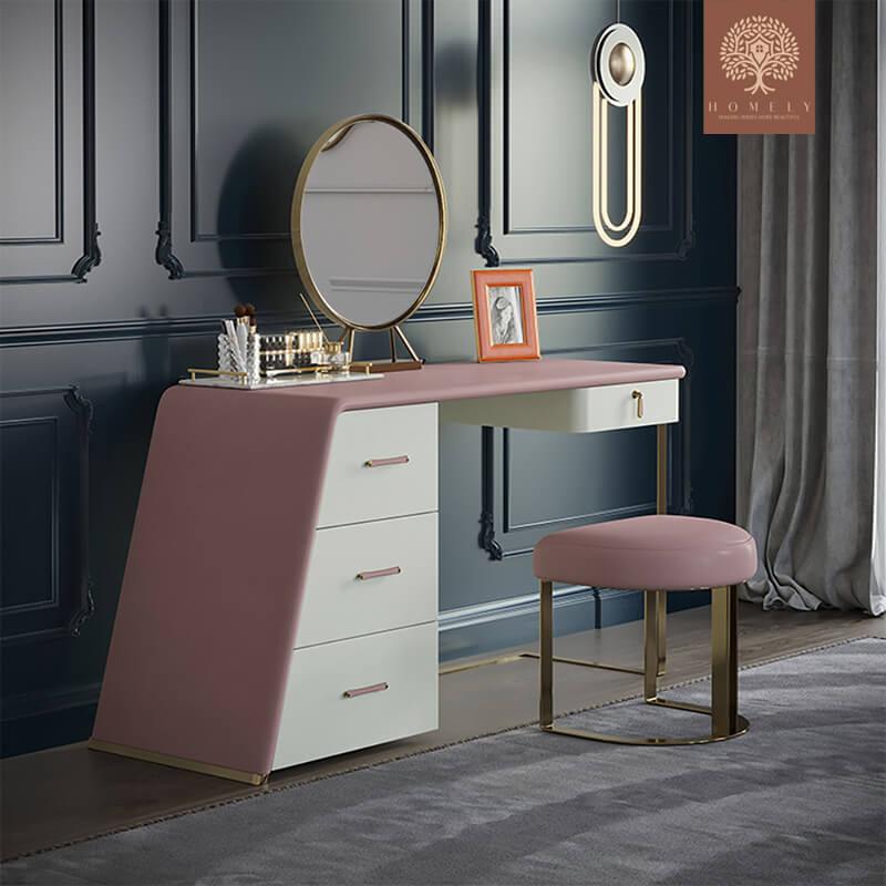 FUSION-ENSEMBLE DE MAQUILLAGE MODERNE EN MDF AVEC TIROIRS, MIROIR ET TABOURET INCLUS EN ROSE- Homely