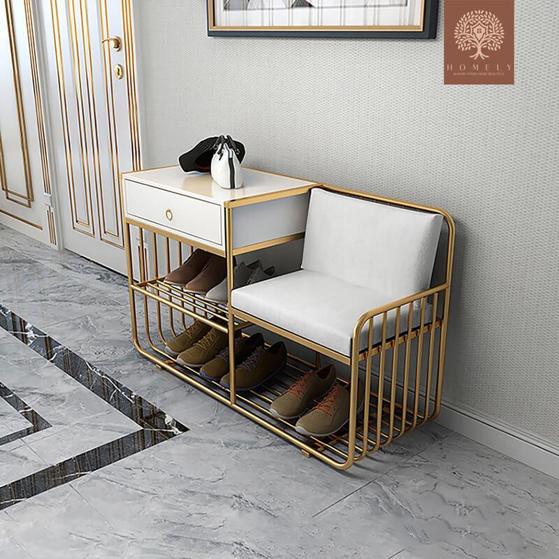 LENOIR-BANC DE RANGEMENT MODERNE REMBOURRÉ BLANC AVEC TIROIR ET ÉTAGÈRE- Homely