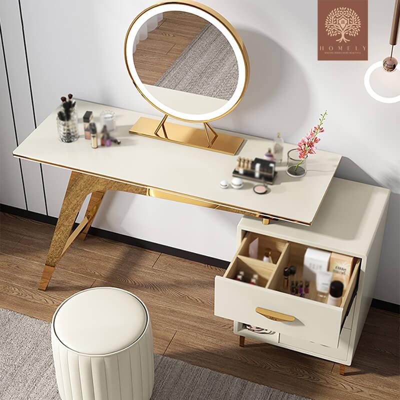 LAURIA-ENSEMBLE DE COIFFEUSE RÉTRACTABLE DE MAQUILLAGE BLEU NORDIQUE, TABOURET ET MIROIR INCLUS- Homely