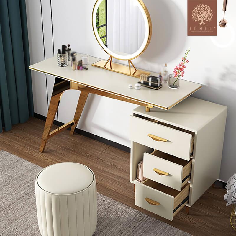 LAURIA-ENSEMBLE DE COIFFEUSE RÉTRACTABLE DE MAQUILLAGE BLEU NORDIQUE, TABOURET ET MIROIR INCLUS- Homely