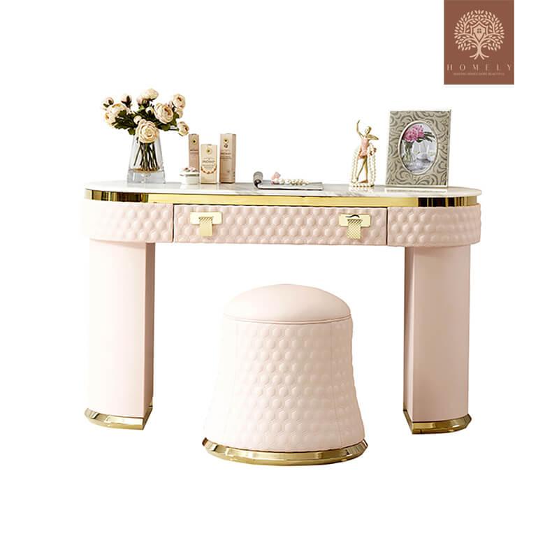 HELMICK -TABOURET DE COIFFEUSE À 1 TIROIR ROSE CONTEMPORAIN AVEC FINITION DORÉE- Homely