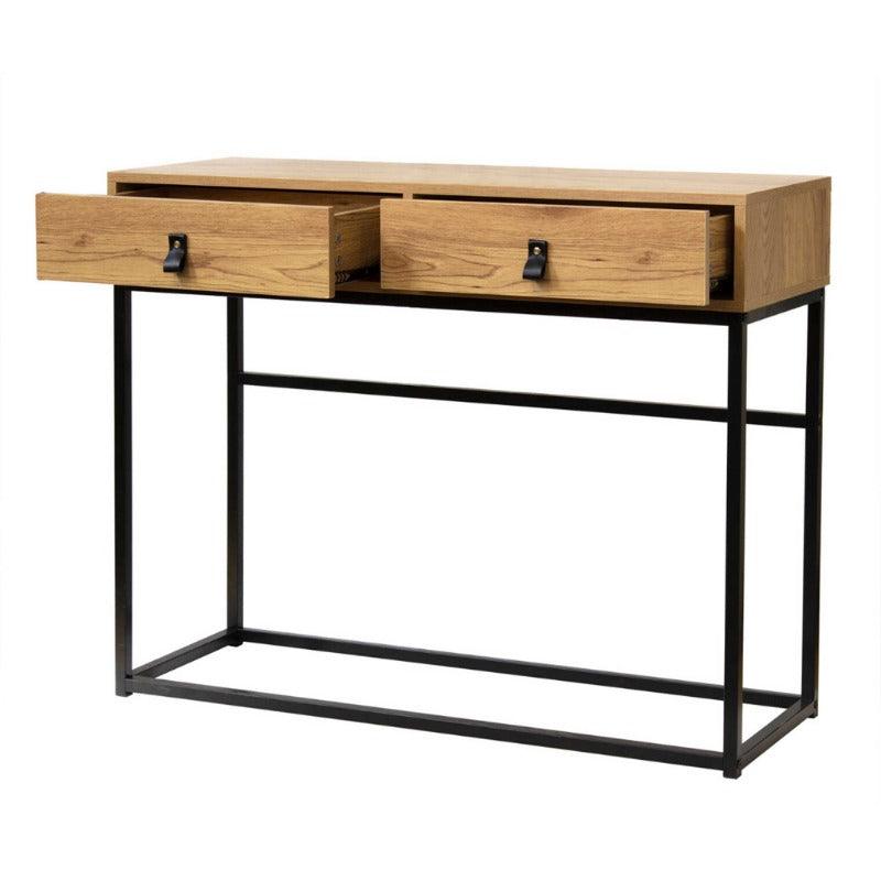 Console 2 tiroirs pieds métal effet chêne-ULGA - Homely