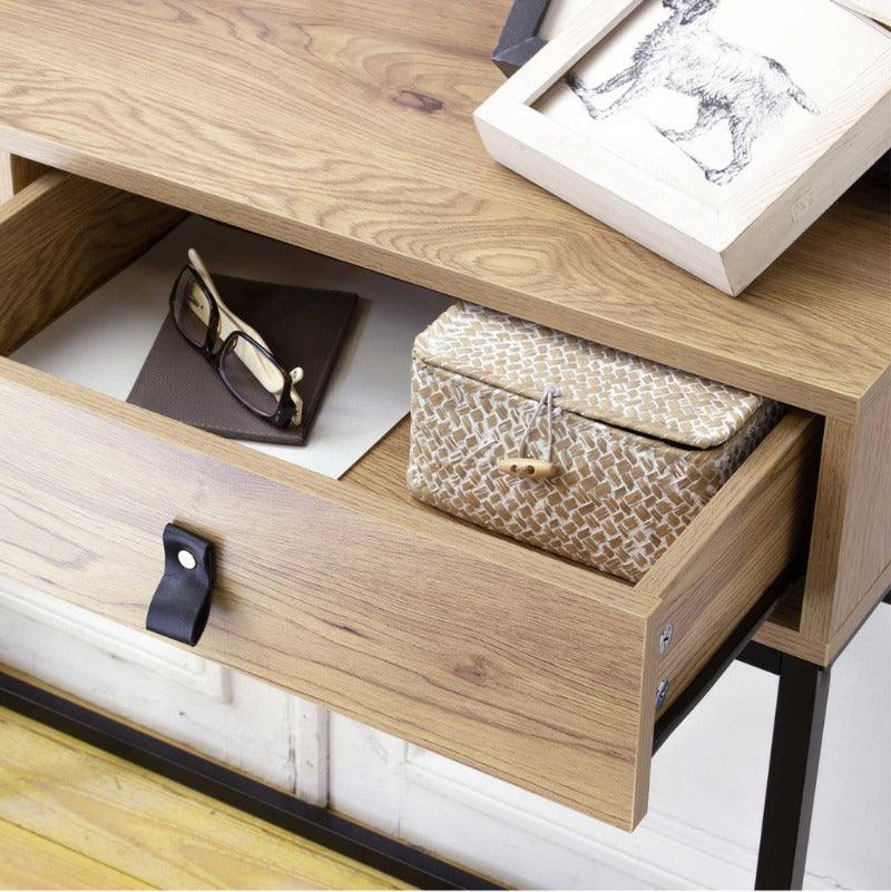 Console 2 tiroirs pieds métal effet chêne-ULGA - Homely