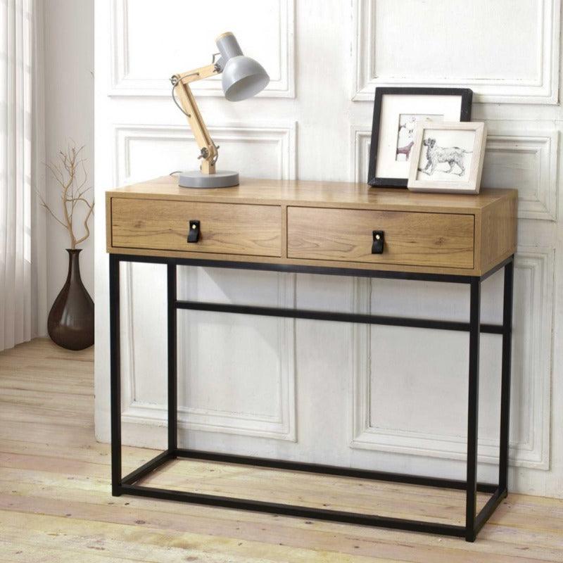 Console 2 tiroirs pieds métal effet chêne-ULGA - Homely
