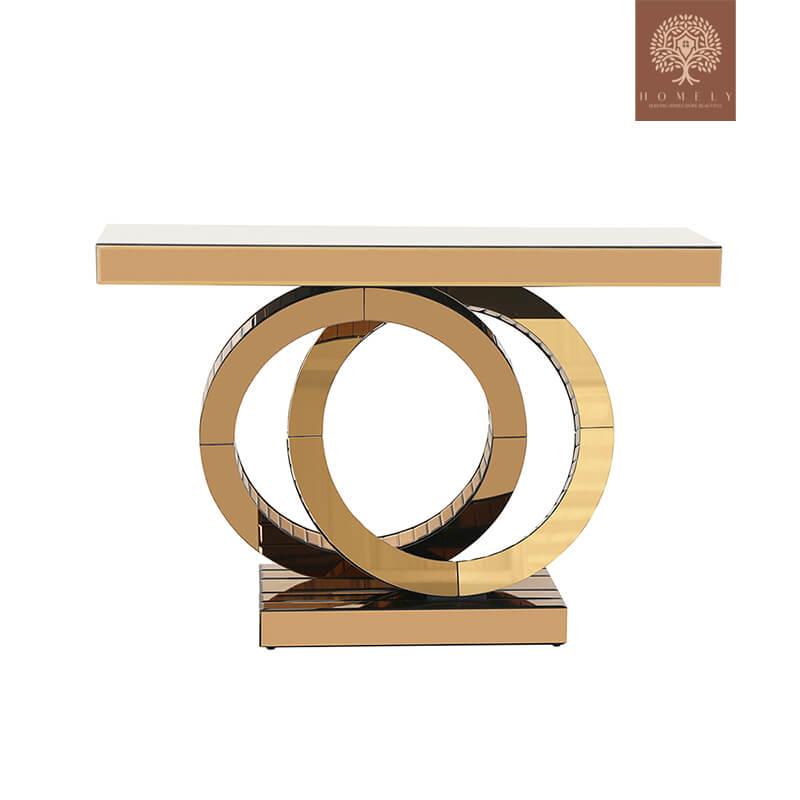 CASTIGLIA-CONSOLE MODERNE DORÉE AVEC BASE À ANNEAUX ENTRELACÉS- Homely