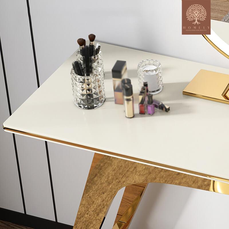 LAURIA-ENSEMBLE DE COIFFEUSE RÉTRACTABLE DE MAQUILLAGE BLEU NORDIQUE, TABOURET ET MIROIR INCLUS- Homely