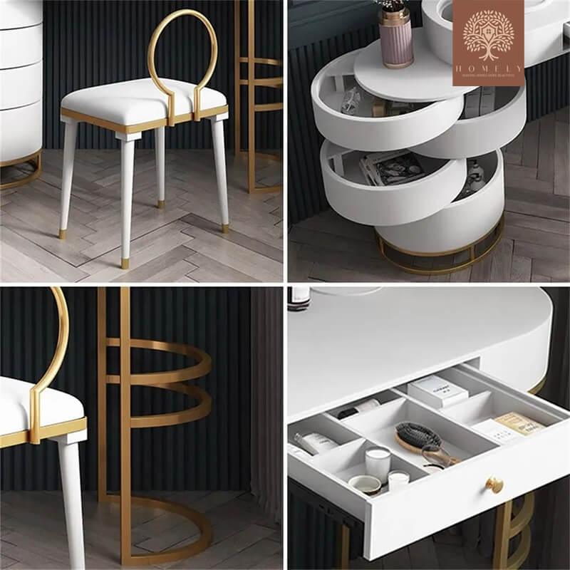GRAVITY-COIFFEUSE BLANCHE DE MAQUILLAGE AVEC MIROIR ET TABOURET PIVOTANTS INCLUS- Homely