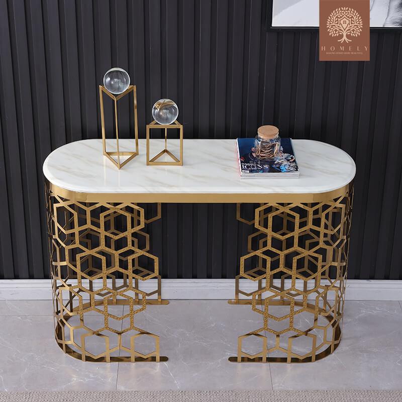 MAURICE-CONSOLE OVALE BLANCHE EN MARBRE AVEC DEUX PIÉDESTAUX- Homely