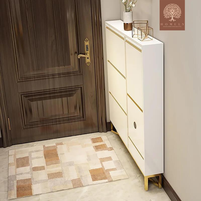 SOLA -MEUBLE DE RANGEMENT À CHAUSSURES BLANC ÉTROIT AVEC BANC, 14 PAIRES, 5,9 PO D, AUTOPORTANTE- Homely