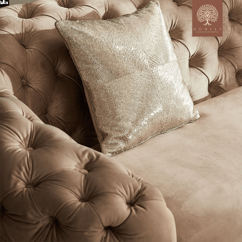 EVERVISTA-ENSEMBLE DE SALON 3 PIÈCES CHESTERFIELD EN VELOURS DE LUXE BEIGE- Homely