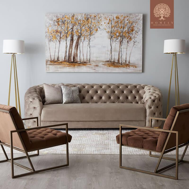 EVERVISTA-ENSEMBLE DE SALON 3 PIÈCES CHESTERFIELD EN VELOURS DE LUXE BEIGE- Homely