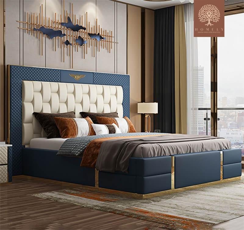 BENTLEY-LIT PLATEFORME CUIR MICROFIBRE AVEC TÊTE DE LIT GÉOMÉTRIQUE REMBOURRÉE- Homely