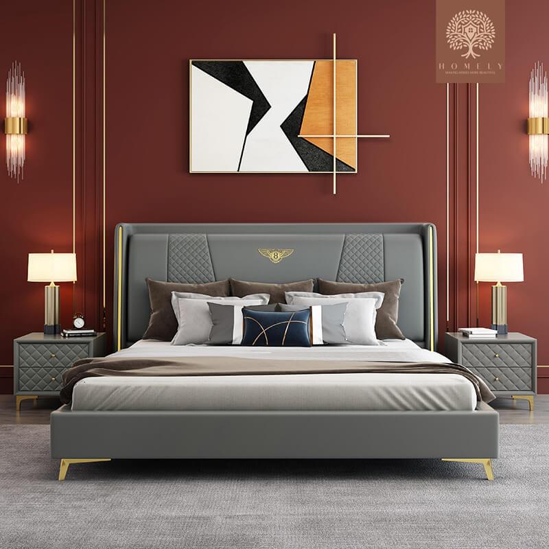 BENTLEY-LIT REMBOURRÉ MODERNE EN CUIR MICROFIBRE BEIGE AVEC TÊTE DE LIT À AILETTES- Homely