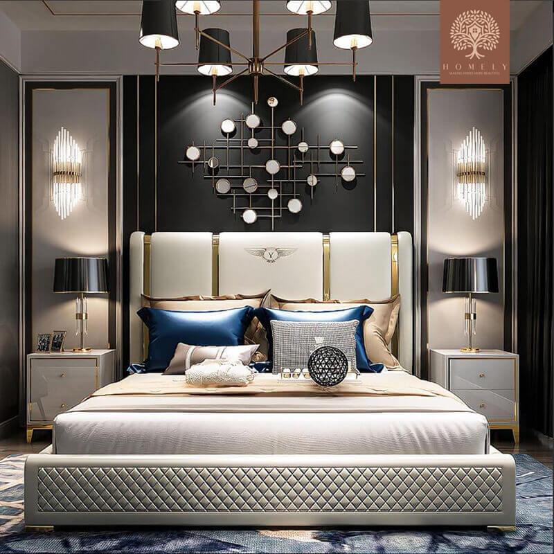 LIT BENTLEY-LIT MODERNE EN CUIR MICROFIBRE BEIGE- Homely