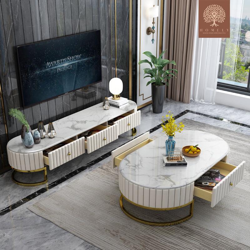 IMANI-ENSEMBLE DE MEUBLE TV LUXE ET TABLE BASSE AVEC 4 TIROIRS- Homely