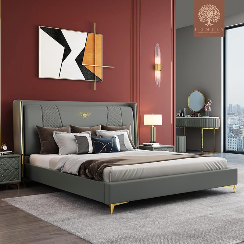 BENTLEY-LIT REMBOURRÉ MODERNE EN CUIR MICROFIBRE BEIGE AVEC TÊTE DE LIT À AILETTES- Homely