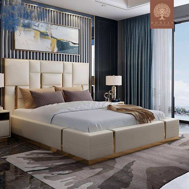 REGALIA-LIT DOUBLE À TÊTE HAUTE AVEC GARNITURE DORÉE- Homely