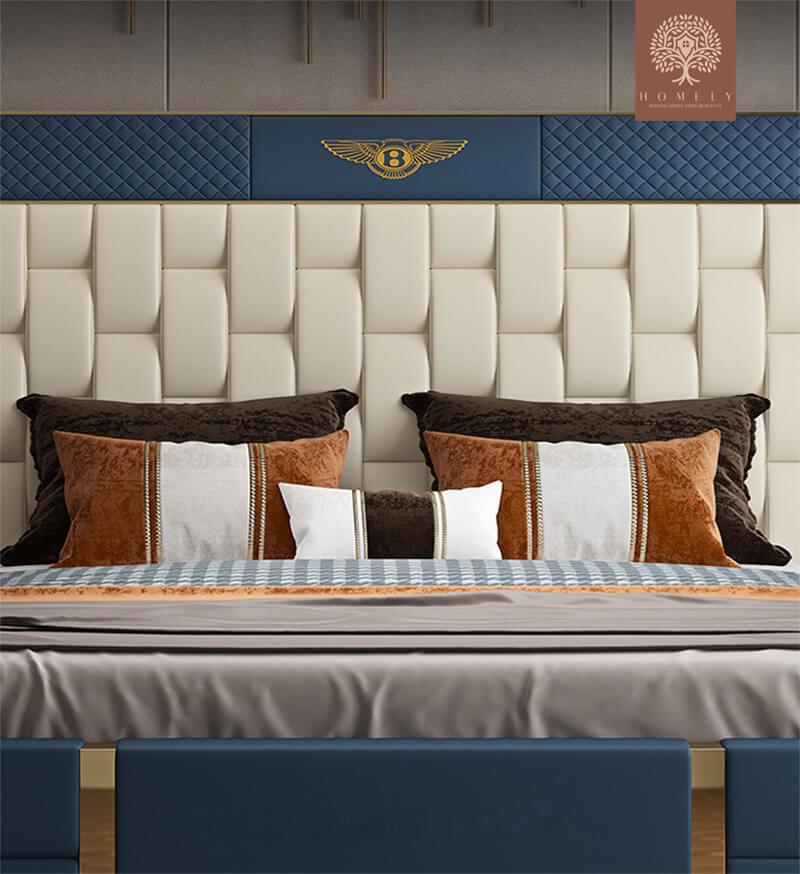 BENTLEY-LIT PLATEFORME CUIR MICROFIBRE AVEC TÊTE DE LIT GÉOMÉTRIQUE REMBOURRÉE- Homely