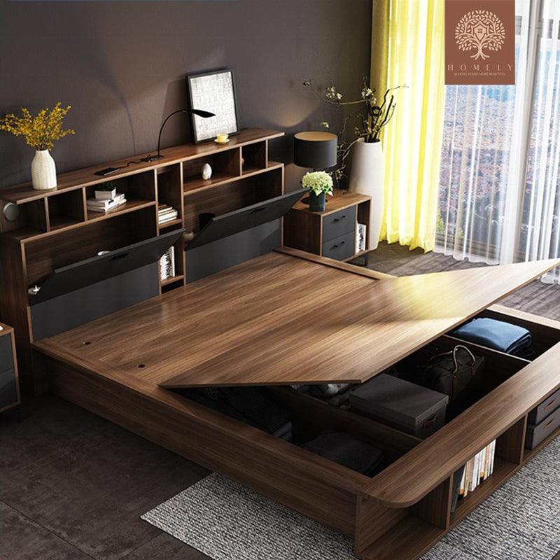 LIT CARDENIA-ENSEMBLE DE LIT AVEC DEUX TABLES DE NUITS- Homely