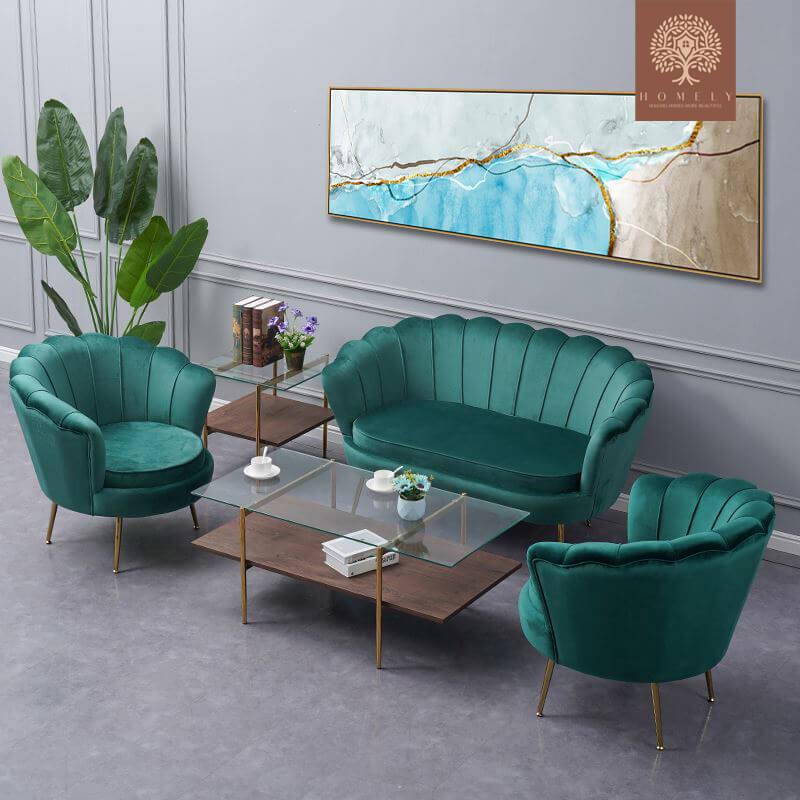 JASMINE-ENSEMBLE DE SALON 7 PLACES EN VELOURS DE LUXE- Homely