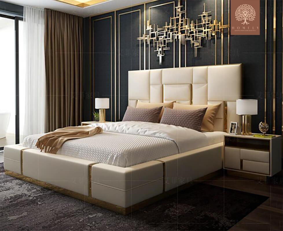 REGALIA-LIT DOUBLE À TÊTE HAUTE AVEC GARNITURE DORÉE- Homely