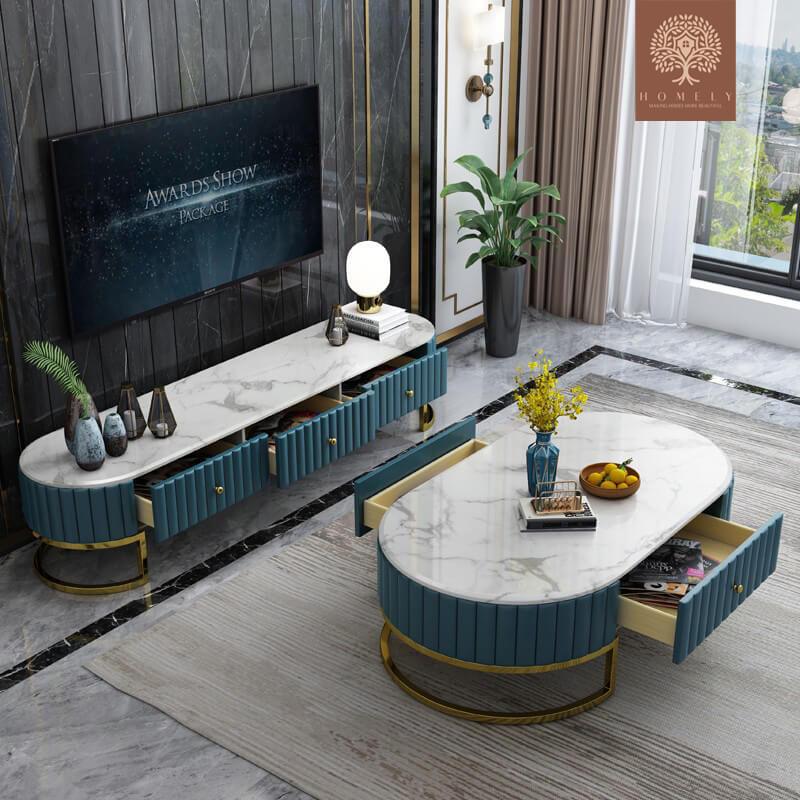 IMANI-ENSEMBLE DE MEUBLE TV LUXE ET TABLE BASSE AVEC 4 TIROIRS- Homely