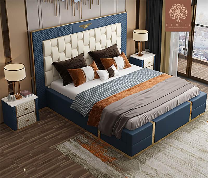 BENTLEY-LIT PLATEFORME CUIR MICROFIBRE AVEC TÊTE DE LIT GÉOMÉTRIQUE REMBOURRÉE- Homely