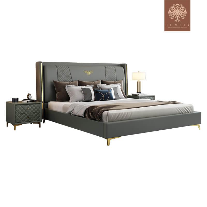 BENTLEY-LIT REMBOURRÉ MODERNE EN CUIR MICROFIBRE BEIGE AVEC TÊTE DE LIT À AILETTES- Homely