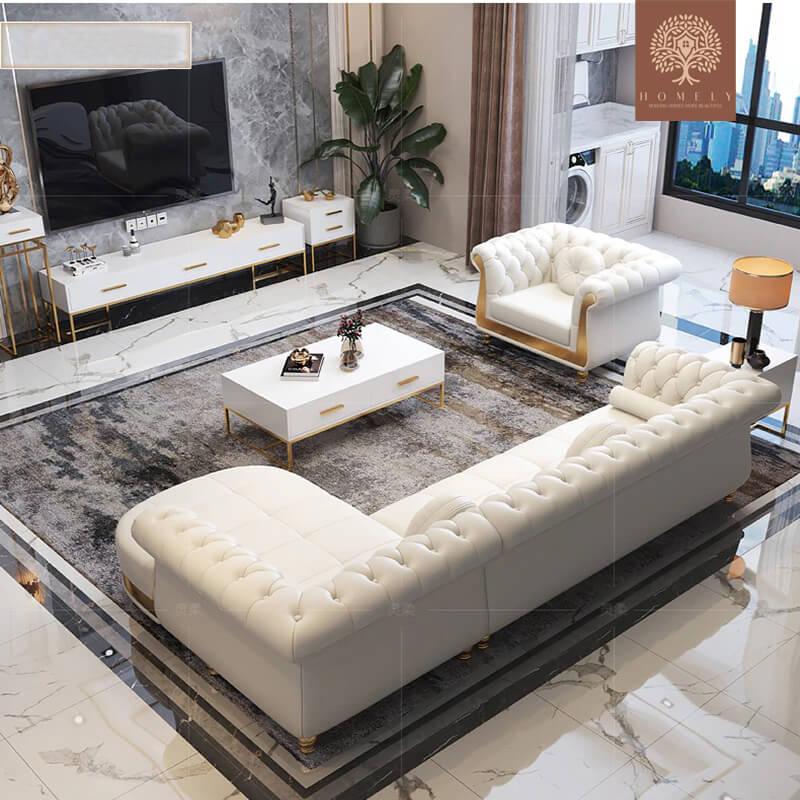 VIRGILIO-ENSEMBLE DE SALON DE LUXE AVEC CHAISE LONGUE DROITE- Homely