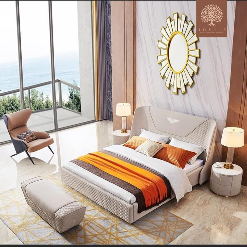 BUGATTI-LIT REMBOURRÉ MODERNE EN CUIR MICROFIBRE BEIGE- Homely