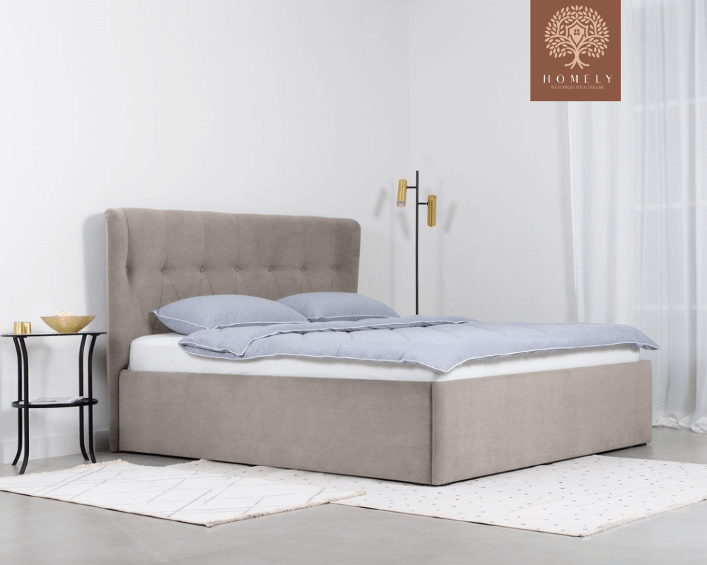 LORNE | LIT DOUBLE EN TISSU ANTI-TACHES CAPITONNÉ AVEC SOMMIER COFFRE