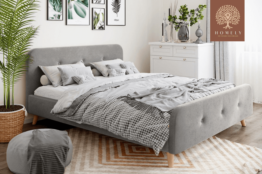 PLIDI | LIT DOUBLE EN TISSU ANTI-TACHES CAPITONNÉ AVEC SOMMIER COFFRE