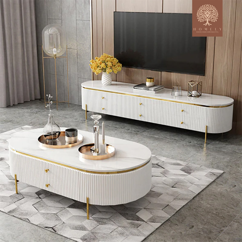 RIVA-ENSEMBLE DE MEUBLE TV CONSOLE MULTIMÉDIA LUXE ET TABLE BASSE AVEC 10 TIROIRS- Homely