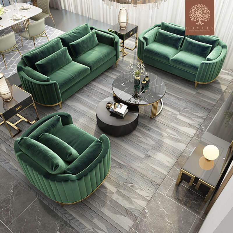 RAMERIZ ENSEMBLES DE SALON MODERNES CHAISE REMBOURRÉE EN VELOURS VERT, CAUSEUSE ET CANAPÉ 3 PIÈCES - Homely