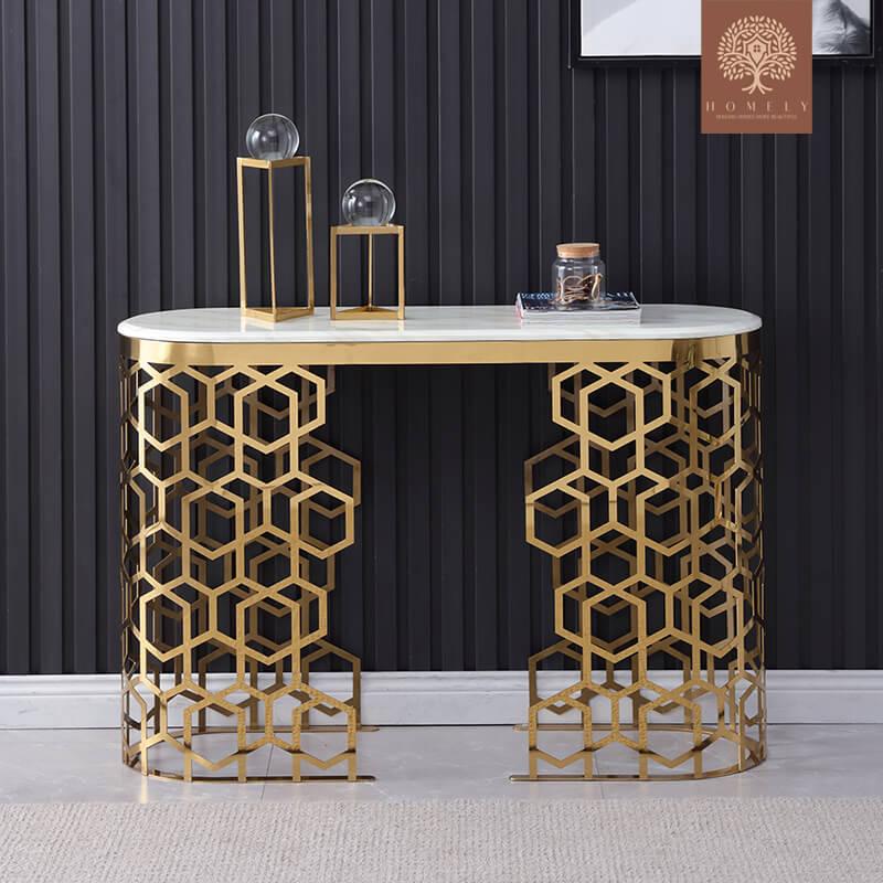 MAURICE-CONSOLE OVALE BLANCHE EN MARBRE AVEC DEUX PIÉDESTAUX-