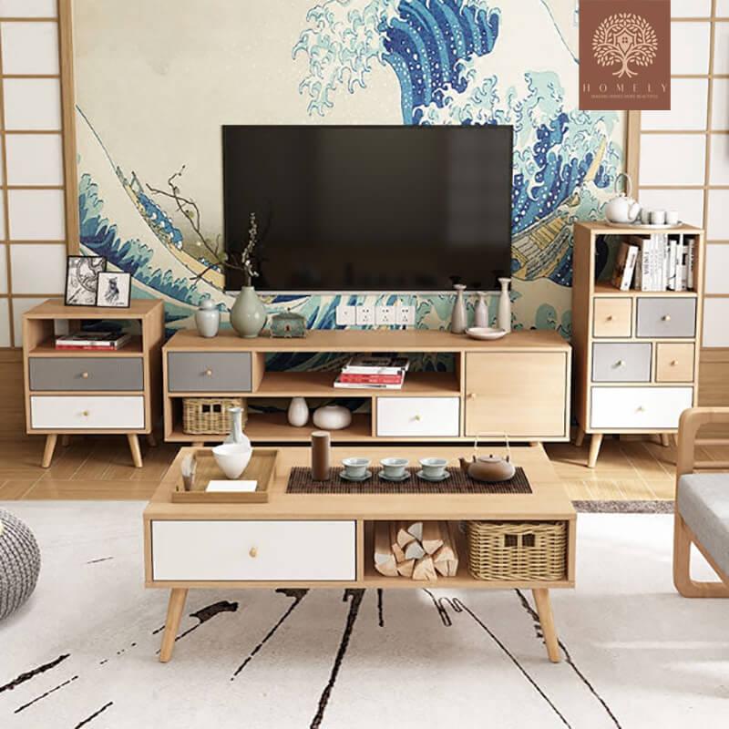 HELGA-ENSEMBLE DE MEUBLE TV MODERNE ET TABLE BASSE- Homely