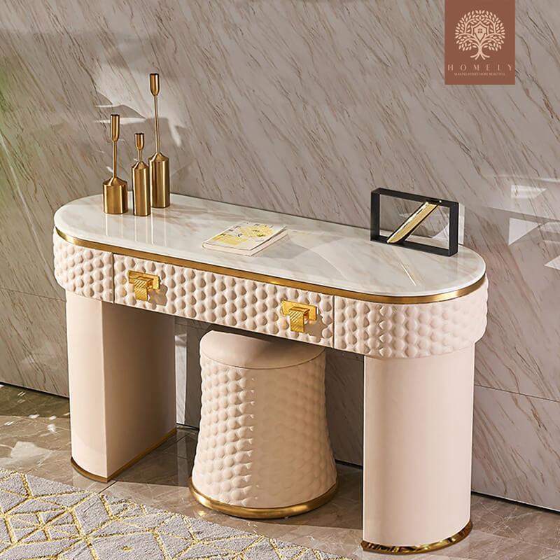 HELMICK -TABOURET DE COIFFEUSE À 1 TIROIR ROSE CONTEMPORAIN AVEC FINITION DORÉE- Homely