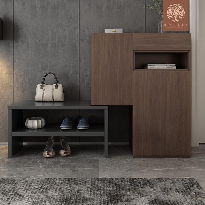 ALLY -MEUBLE À CHAUSSURES D'ANGLE CONTEMPORAIN AVEC 7 ÉTAGÈRES ET 1 TIROIR EN NOYER-