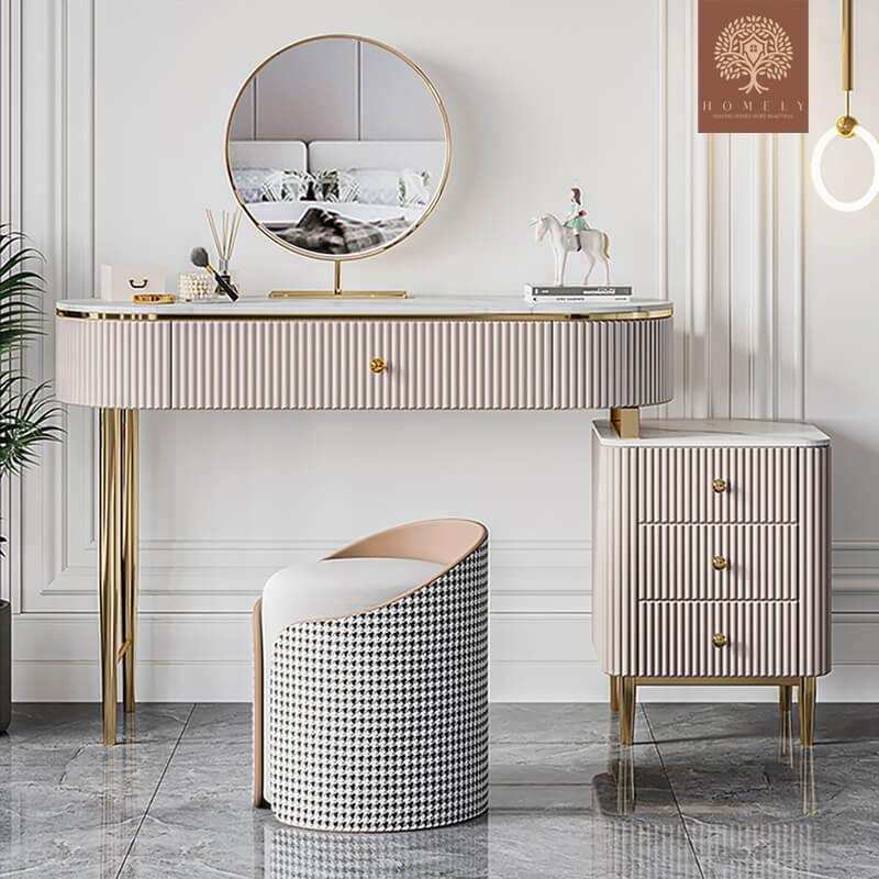 ELLINGER-ENSEMBLE DE COIFFEUSE DE MAQUILLAGE EN MARBRE CHAMPAGNE- Homely