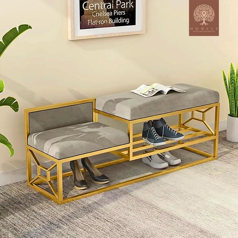 BORMAN-BANC DE RANGEMENT POUR CHAUSSURES GRIS 1000 MM, BANC D'ENTRÉE EN VELOURS REMBOURRÉ AVEC CADRE EN MÉTAL-
