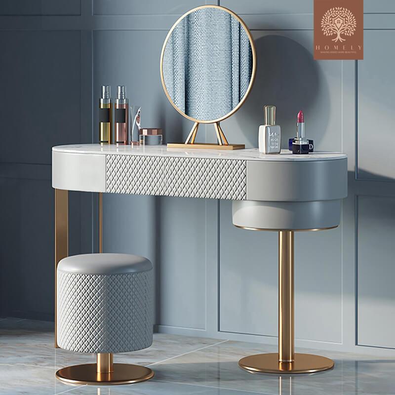KAREEM-ENSEMBLE DE TOILETTE DE MAQUILLAGE MODERNE GRIS AVEC MIROIR À TIROIR ET TABOURET EN CUIR INCLUS- Homely