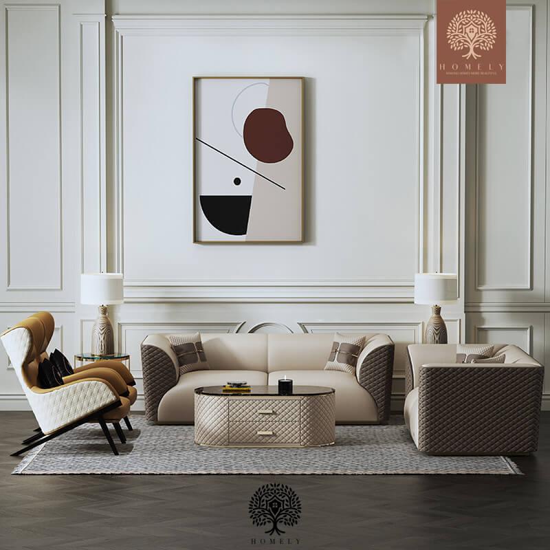 Bentley-Ensemble de salon rembourré en cuir microfibre marron et beige - Homely