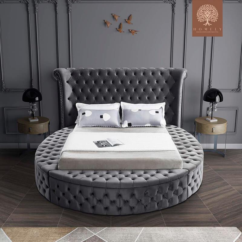 LORENZO-LIT ROND EN VELOURS DESIGN ITALIEN MODERNE AVEC RANGEMENT- Homely