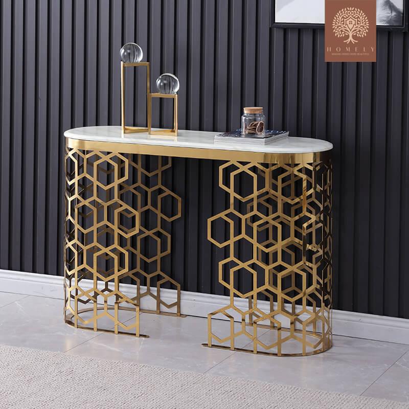 MAURICE-CONSOLE OVALE BLANCHE EN MARBRE AVEC DEUX PIÉDESTAUX-