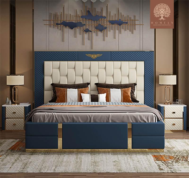 BENTLEY-LIT PLATEFORME CUIR MICROFIBRE AVEC TÊTE DE LIT GÉOMÉTRIQUE REMBOURRÉE- Homely