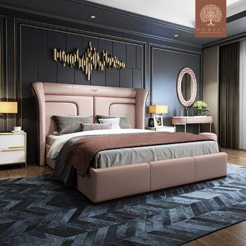 BENTLEY-LIT PLATEFORME MODERNE ROSE EN CUIR MICROFIBRE REMBOURRÉ AVEC TÊTE DE LIT À AILES- Homely