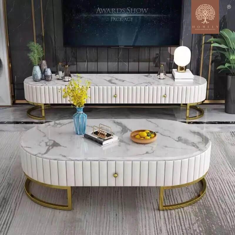 IMANI-ENSEMBLE DE MEUBLE TV LUXE ET TABLE BASSE AVEC 4 TIROIRS- Homely